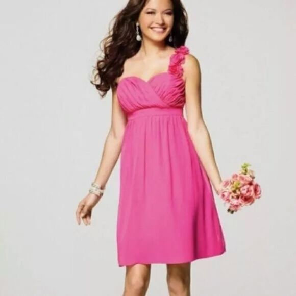 Alfred Angelo Fuchsia Chiffon Cocktail Bridesmaid Dress Floral OneShoulder/strap - Picture 1 of 12